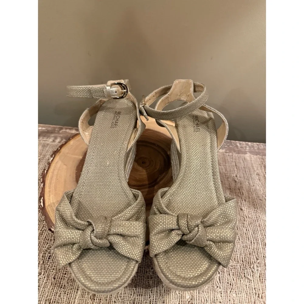 Michael Michael Kors Maxwell Mid Wedge Sandals Gold Ankle Strap Knotted